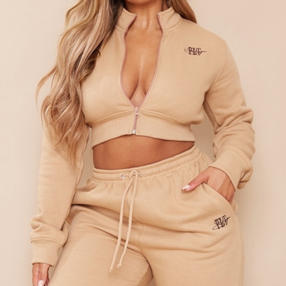 PrettyLittleThing Shape Camel embroidered cropped zip up sweatshirt and joggers